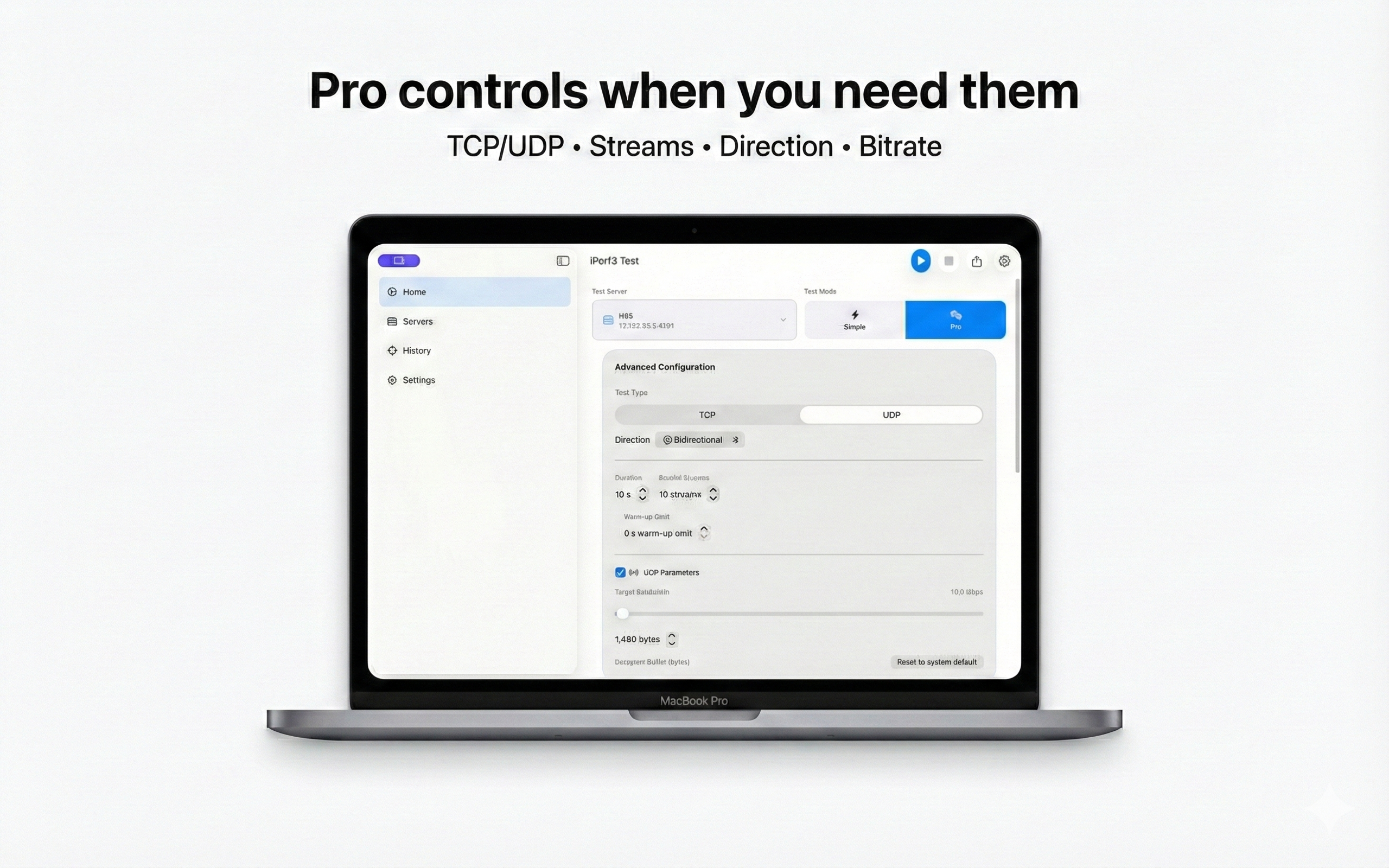 iPerf3 for Mac advanced controls for TCP, UDP, streams, direction, and bitrate