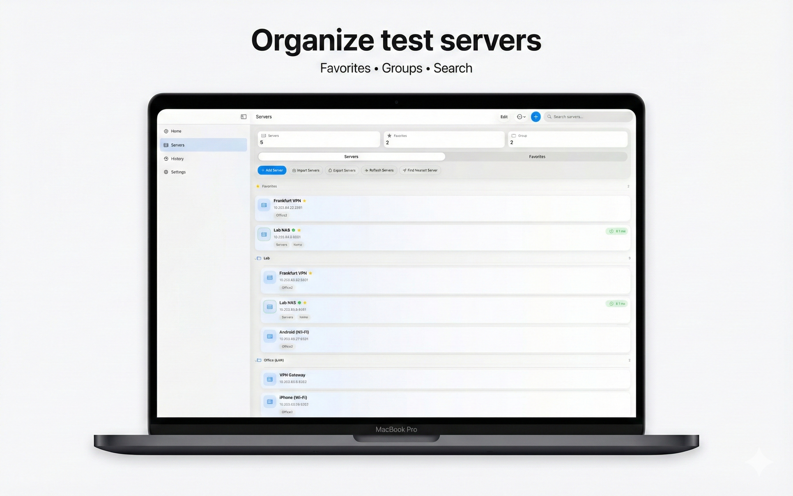 iPerf3 for Mac organized test servers with favorites, groups, and search