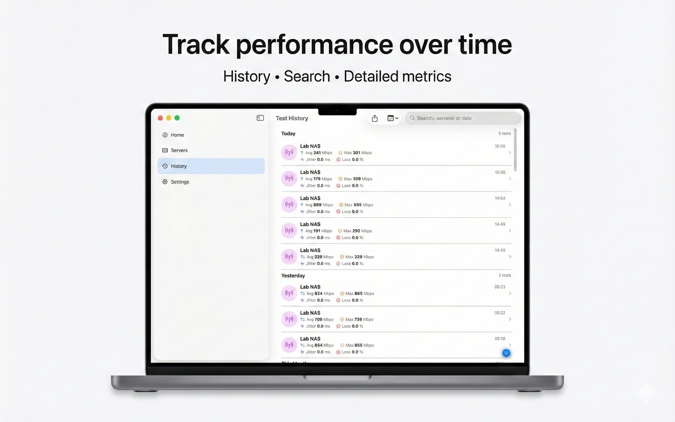 iPerf3 for Mac history view for tracking network performance over time