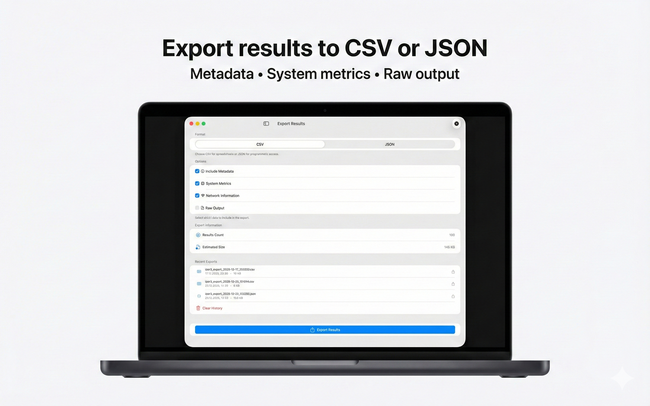 iPerf3 for Mac export screen for CSV and JSON results with metadata and raw output