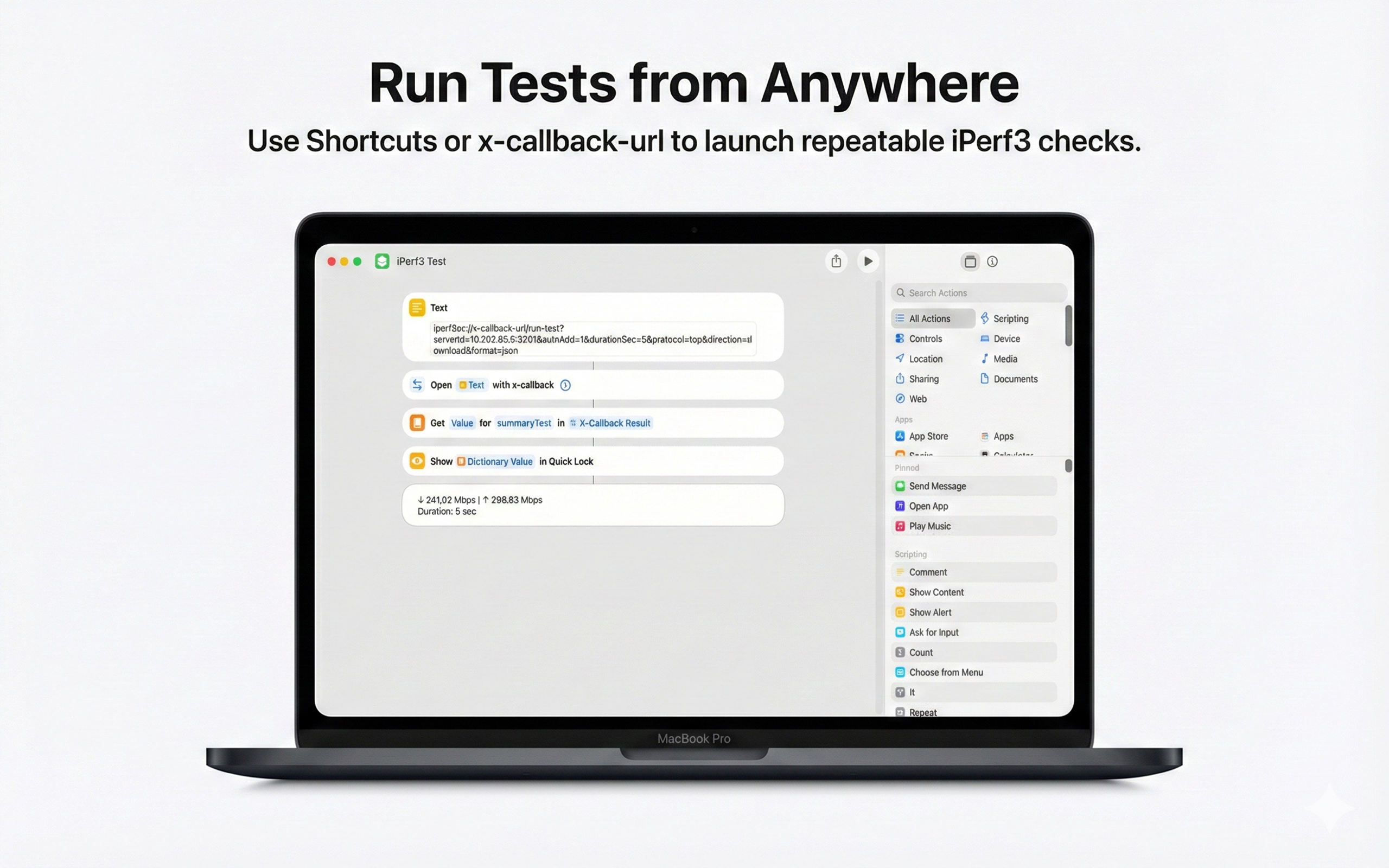 iPerf3 for Mac Shortcuts and x-callback-url automation for repeatable network tests