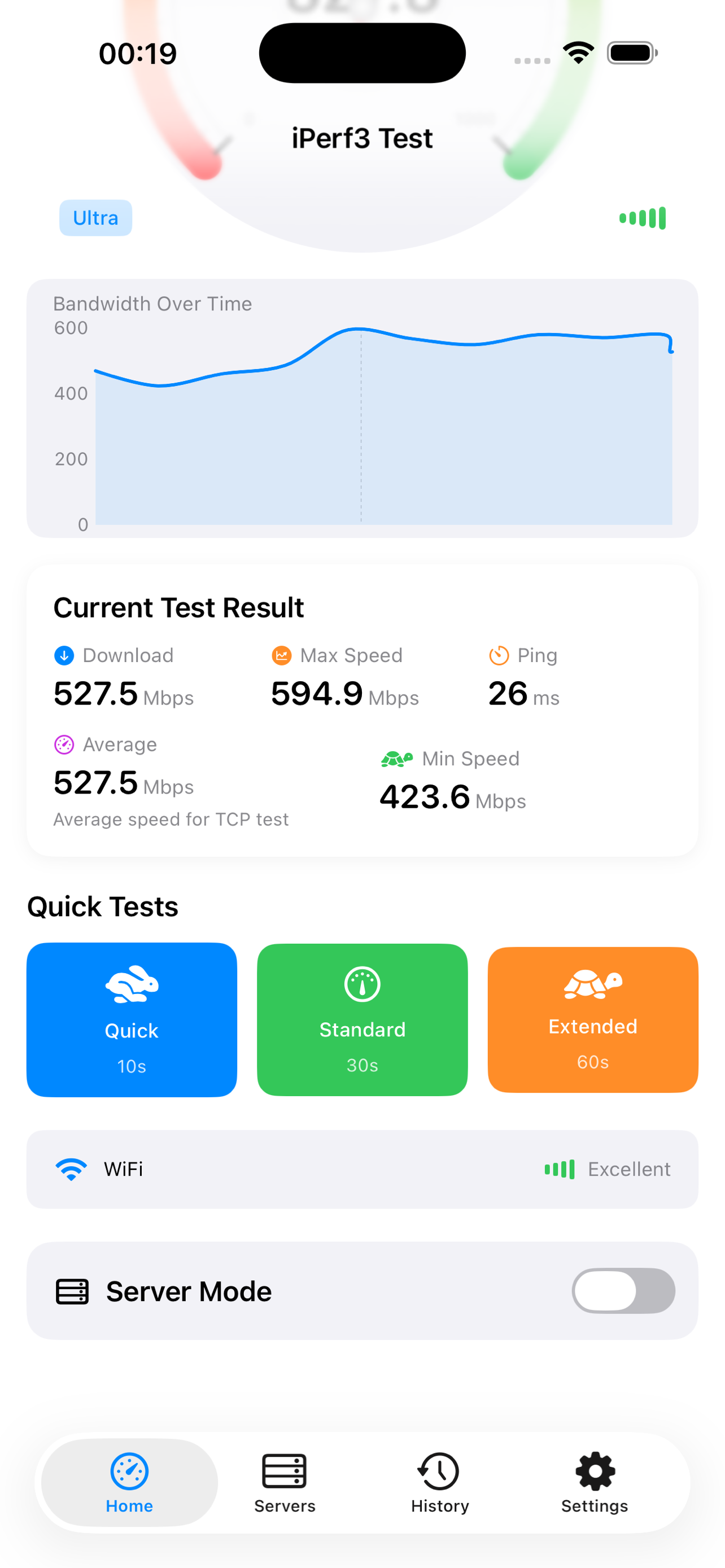 iPerf3 iPhone history view comparing saved test results across rooms